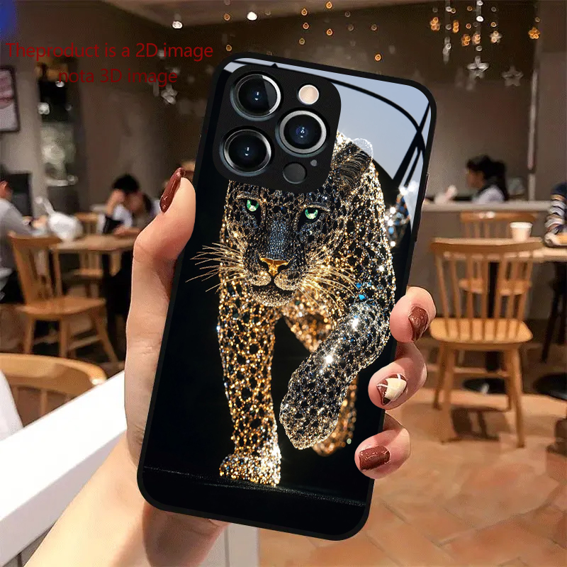Tempered Glass Screen - PROTECT เคสป้องกันกระจกนิรภัยหรูหรา ประดับเพชรลายเสือดาวทอง สำหรับ iPhone 17/16e/16/15/14/13/12/Max/11/Pro/Plus