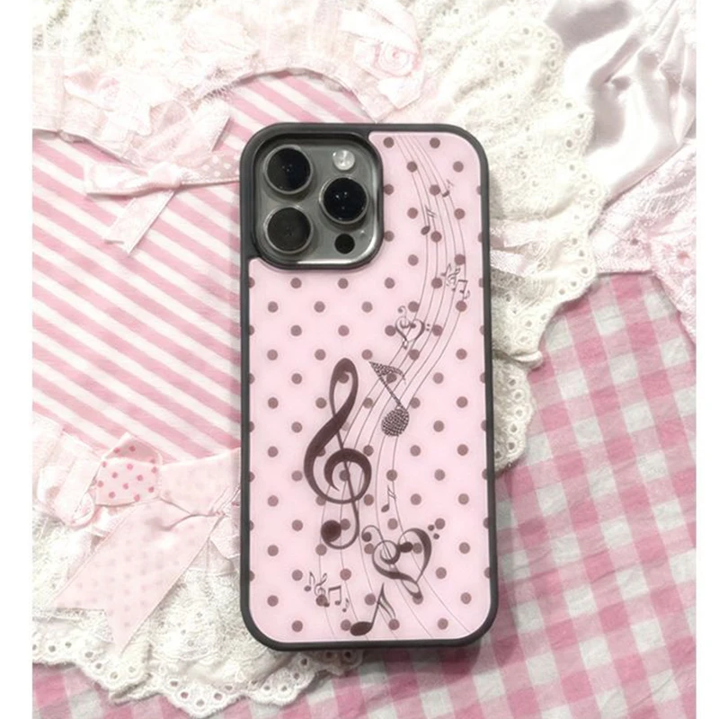 Y2K Phone Accessories - เคสโทรศัพท์ลายจุดสีชมพู-น้ำตาลสไตล์เกาหลี ลายหัวใจและโน้ตดนตรี สำหรับ iPhone 17 16