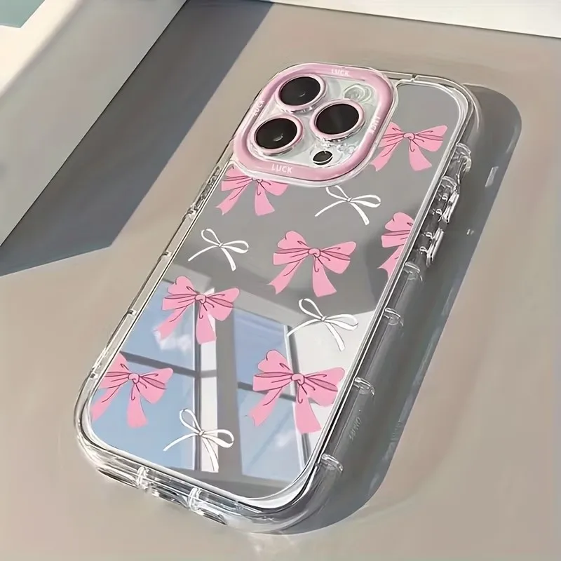 Y2K Phone Accessories - เคสโทรศัพท์ลายโบว์สีฟ้าชมพูน่ารักสำหรับสาวๆ พร้อมกระจกแต่งหน้า สำหรับ iPhone 17 AIR