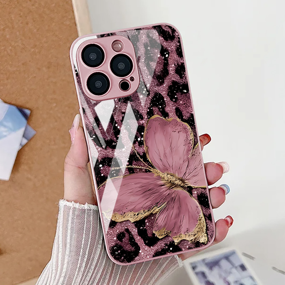 Tempered Glass Screen - เคสโทรศัพท์ลายเสือดาวผีเสื้อ สำหรับ iPhone 17 16 14