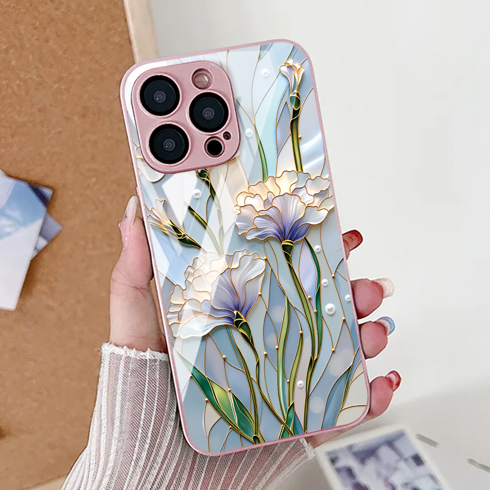 Tempered Glass Screen - เคสโทรศัพท์ลายดอกบัว สำหรับ iPhone 16 Pro, iPhone